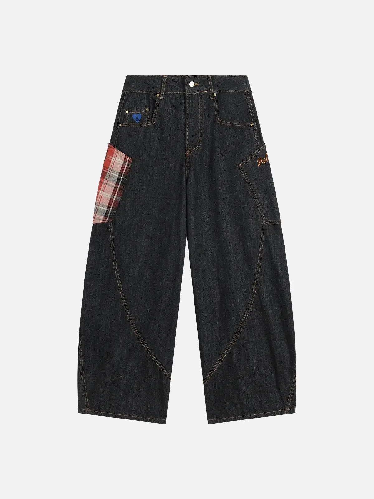 AELFRIC EDEN Unisex Vintage Plaid Patchwork Baggy Barrel Jeans, Streetwear Wide Leg Cotton Denim Trousers with Big Pockets, Pocket, Casual, Loose, Fashion, Baggy Jeans, Wide Leg Jeans