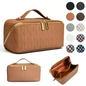 Large Capacity PU Cosmetic Salon-Grade Organizer Bag for Travel Waterproof Valentine's Day Gift Vegan Leather Makeup Pouch Portable Toiletry Bag for Women Makeup Case Jewelry Organizer Box Handheld Cosmetic Pouch Girlfriend Present Minimalist