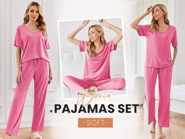 EKOUAER women's two-piece short sleeved top and cropped pants casual wear and S-XXL comfortable and soft casual wear light spring and summer set