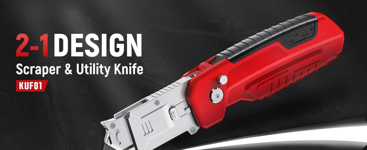 Utility Knife & Scraper, 2-in-1 Folding Box Cutter with Blade Storage, - Zinc Alloy Body, Retractable Design, EDC Tool for Home, Office, DIY - Red   Fixed Blade  Tool
