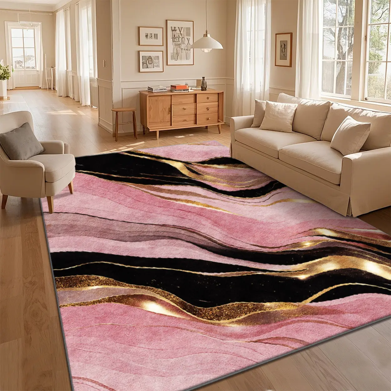 Local Delivery Multi Sizes Soft Pink Black Gold Marble Round Rug Non Slip Living Room Bedroom Washable Carpet, Room Decor, Living Room Rugs