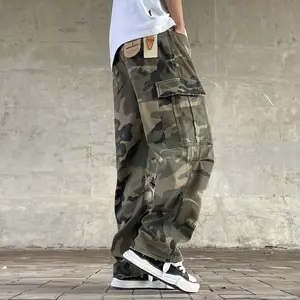 American Street Retro Loose Straight-Leg Camouflage Cargo Pants for Men Heavy Washed Handmade Patch Ripped Trendy Military Pants\
