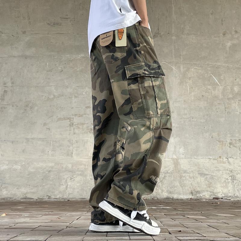 American Street Retro Loose Straight-Leg Camouflage Cargo Pants for Men Heavy Washed Handmade Patch Ripped Trendy Military Pants\