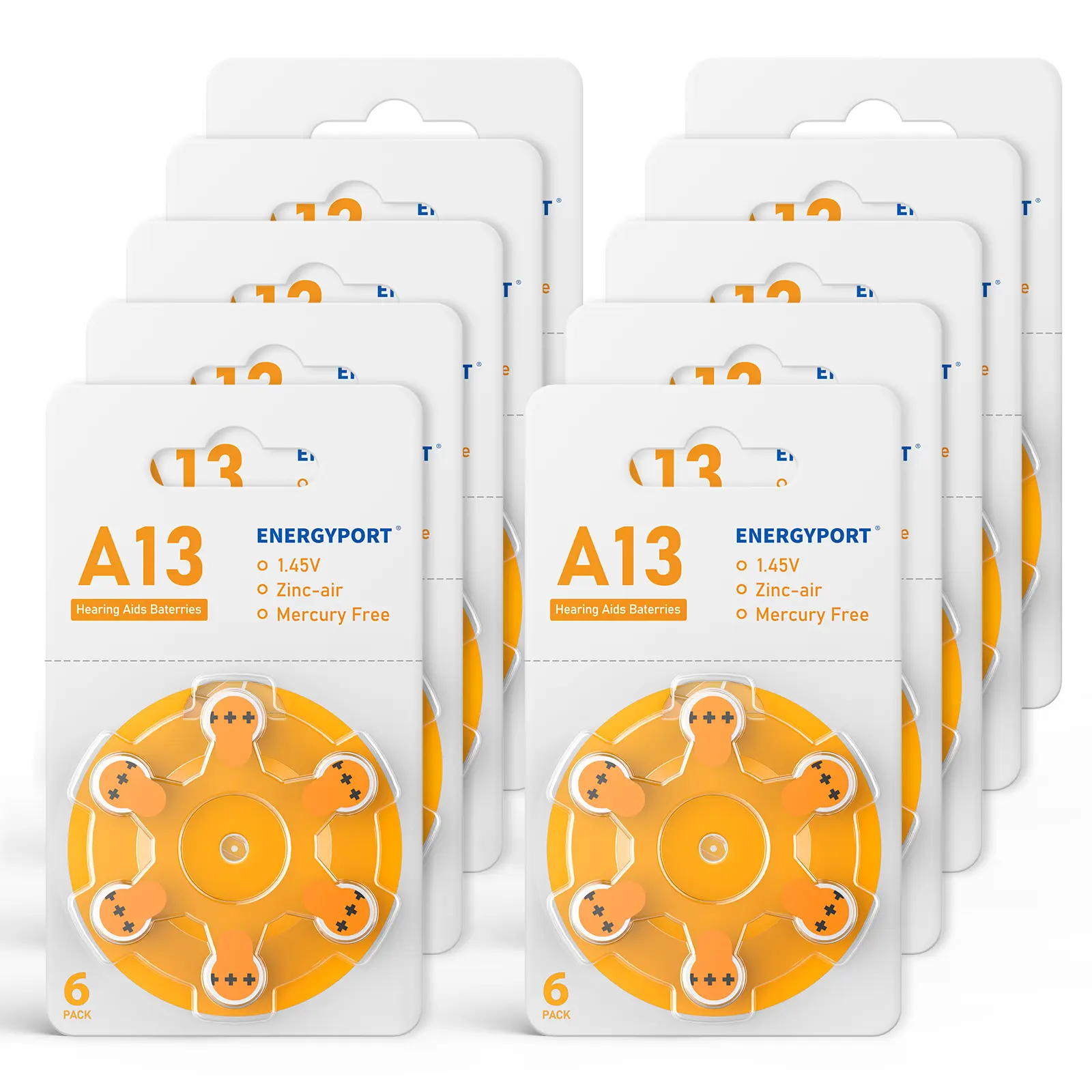 ENERGYPORT Size 13 Zinc Air Hearing Aid Batteries - 1.45V A13, Mercury Free, Easy to Open & Carry, Long Lasting, 60-Count Replaceable Battery Replacement for Hearing Aids, Replaceable Batteries