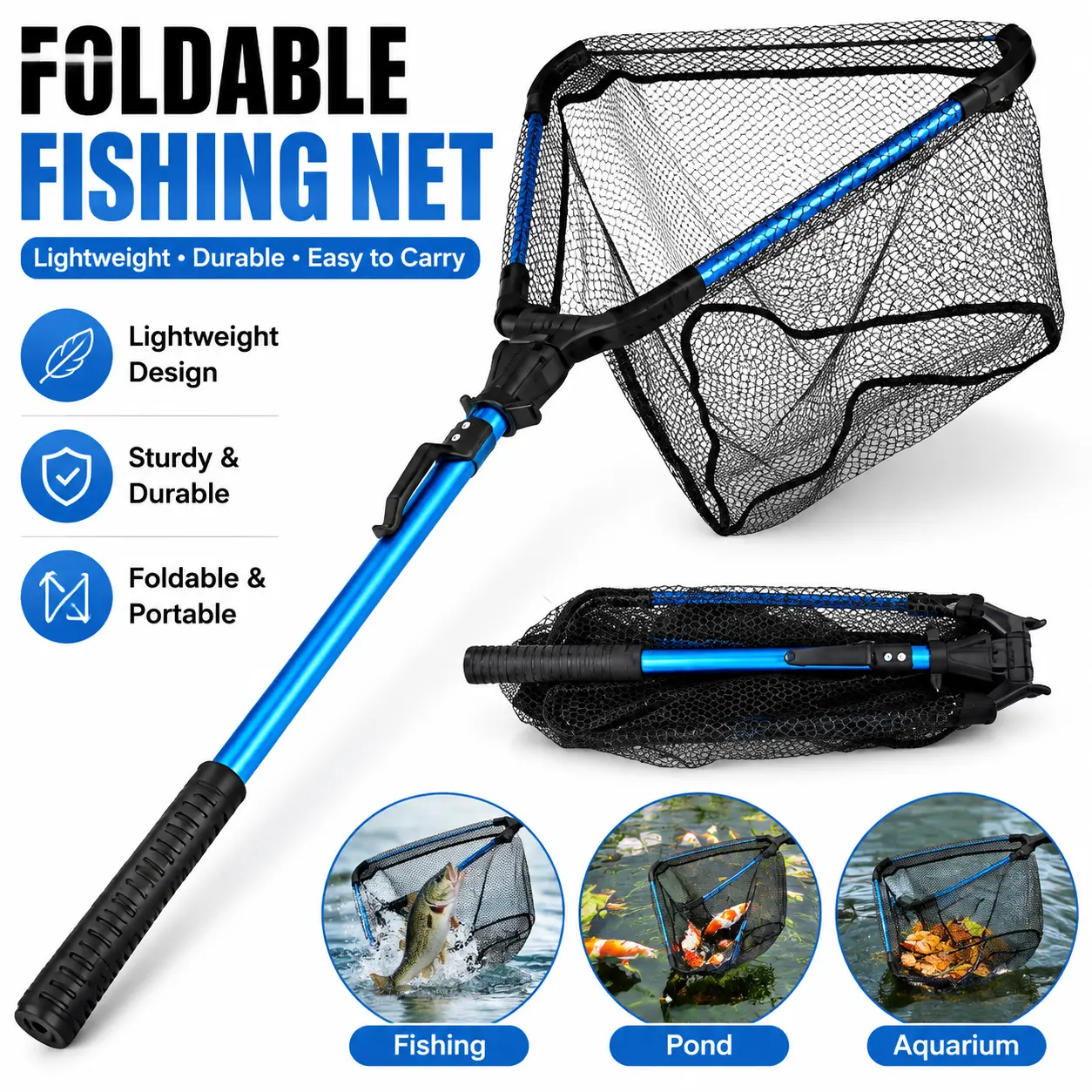 Outdoor Fishing Equipment Foldable Aluminum Rod EVA Handle 5MM Hexagonal Nano Coated Nylon Mesh Collapsible Pond Net with Pole Casting Net