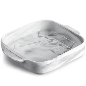 MALACASA Casserole Dishes for Oven, Porcelain Baking Dishes, Durable Casserole Dish Lasagna Pan Deep, Ceramic Bakeware with Handles, Grey Marble Pattern