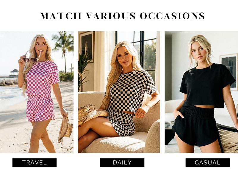 Women's Checkerboard T-Shirt & Ruffle High Waist Skort Set 2026 Summer Casual Breathable Fabric Two-Piece Outfit for Daily Wear Chic Crewneck