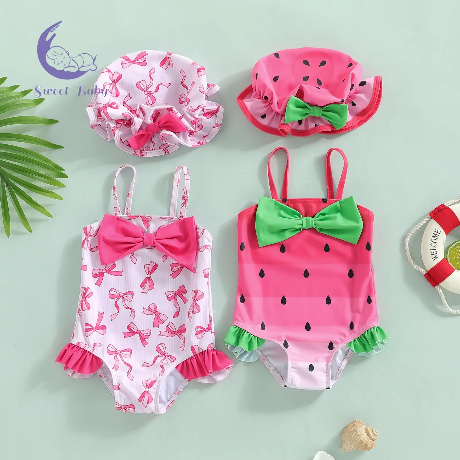 Baby Girl Cute Fashion 1-Piece Polyester Blend Watermelon Print Spaghetti Strap Sleeveless Swimwear Suit with Matching Hat Set, One-Piece Suit