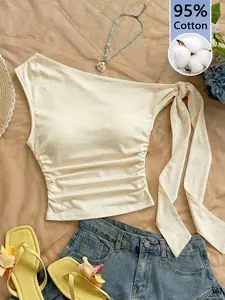 VYNCE 95% Cotton Cream Yellow Women's Y2K Ruched Asymmetric Shoulder Top, Casual Blouse For Ladies Winter Clothes, Island Girl Vintage Style, Seaside Vacation, Romantic Vacay Vibes, Spring Break, Cute Soft Girl Clean Girl Look, Vacation Beach Cruise Boh