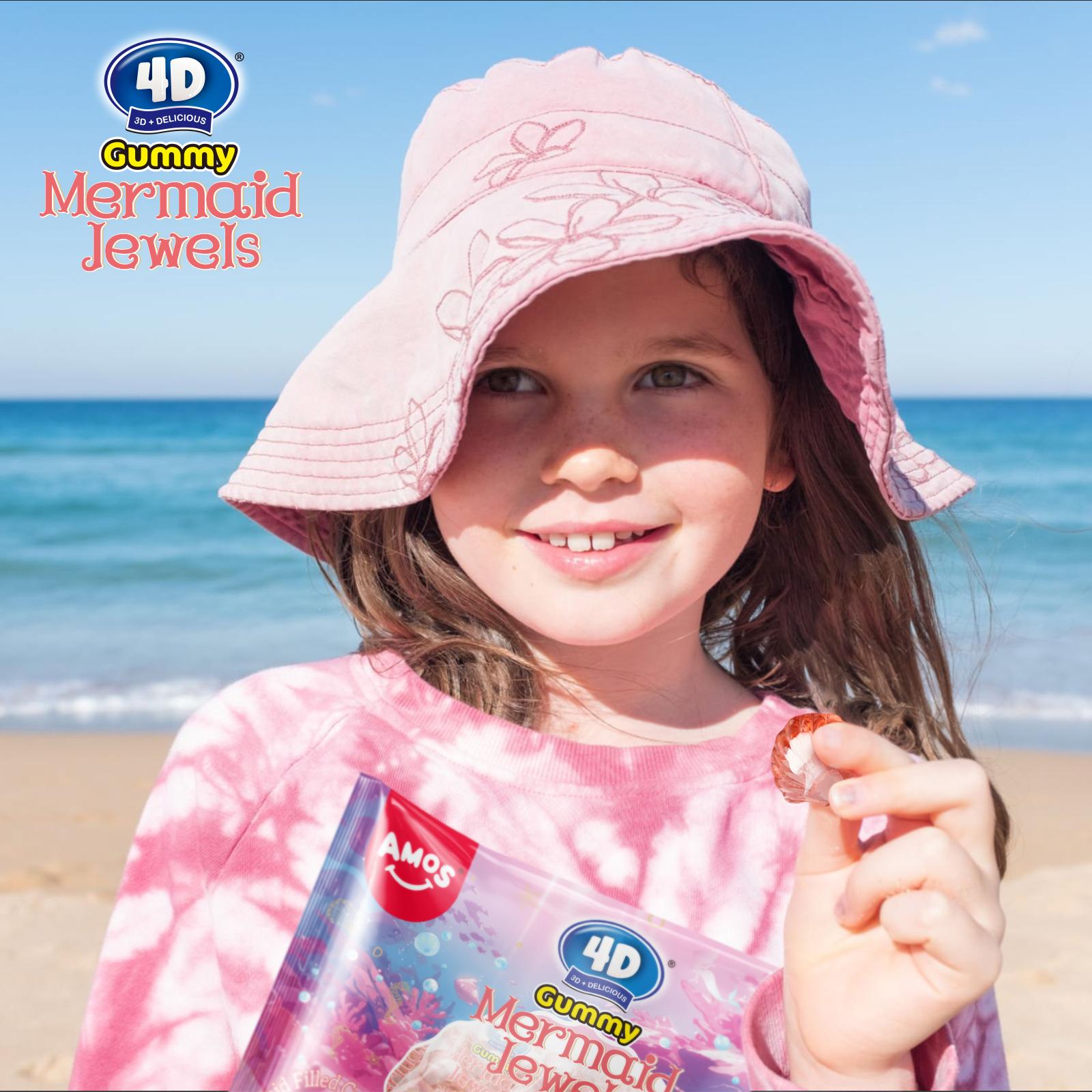 Amos 4D Gummy Mermaid Jewels - Blue Raspberry Flavor, Jelly-Filled Chewy Fruit Snacks, Gluten-Free, Resealable Bags, Healthy Exotic Sweet Treats - Bite