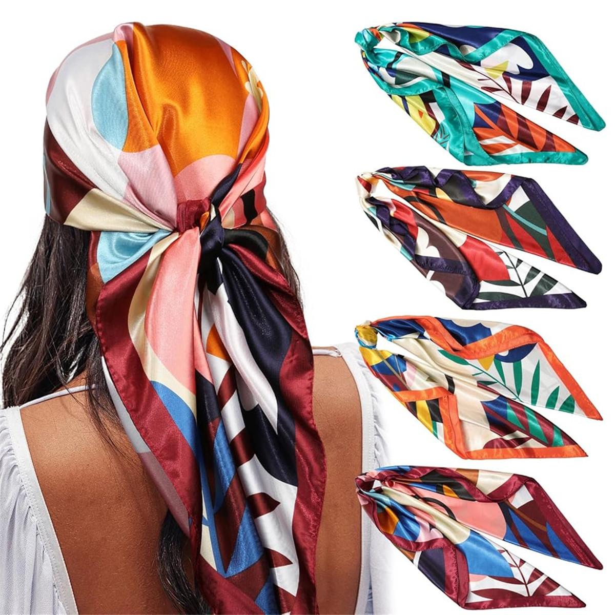 4-piece suit 35'' Printed Large Square Satin Head Scarf Neck Scarves for Women Silk Like Neck Hair Kerchief Bandanas Sleeping Head Wraps Hair Band Headscarf Female Hair Accessories