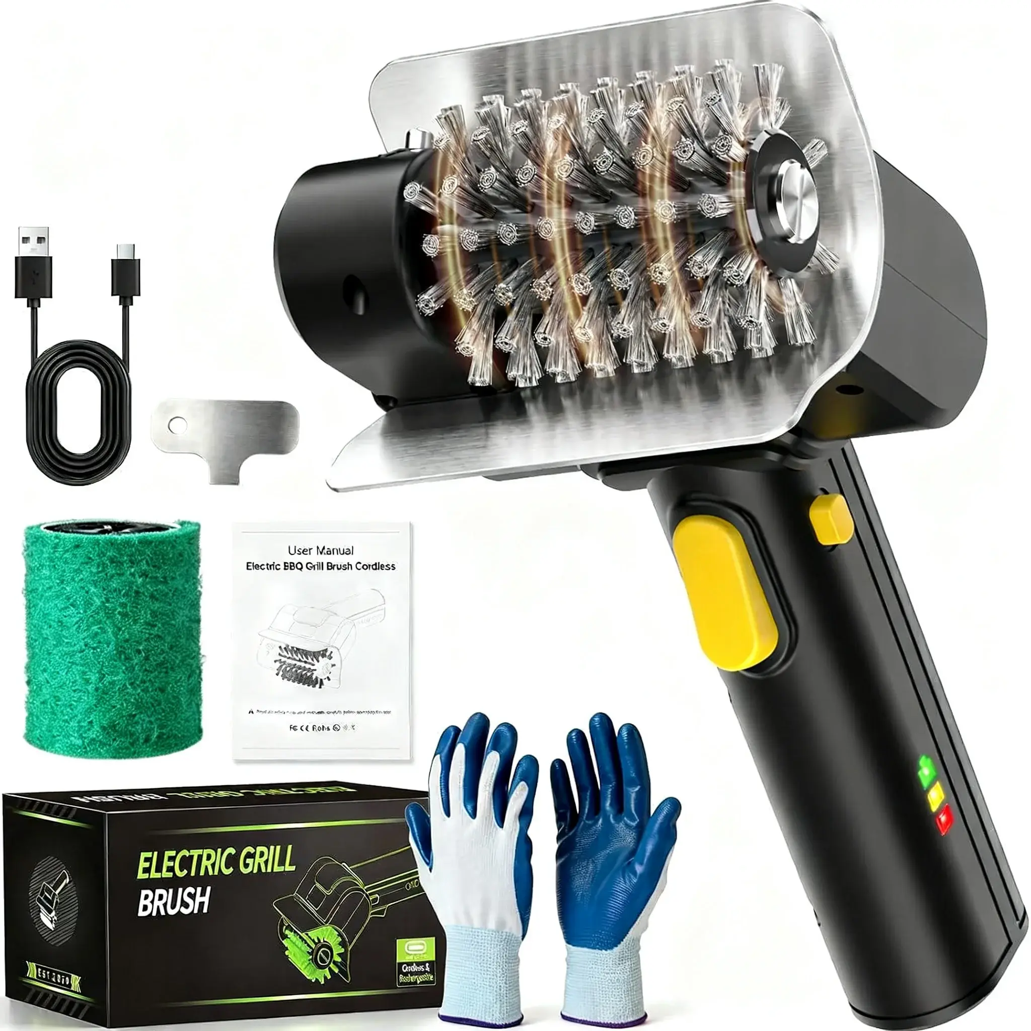 BougeRV Cordless Rotary Electric BBQ Cleaning Brush with Stainless Steel Bristles - USB Charge, Battery-Powered, Built-in LED Light, Non-Slip Handle - Grilling Accessories, Barbecue Utensils for Backyard Grilling, Father’s Day Gifts for Dads, Bbq Tools