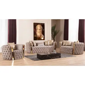 Naomi Button Tufted 3 Pc Set with Velvet Fabric and Gold Accent in Taupe (NJ INVENTORY)