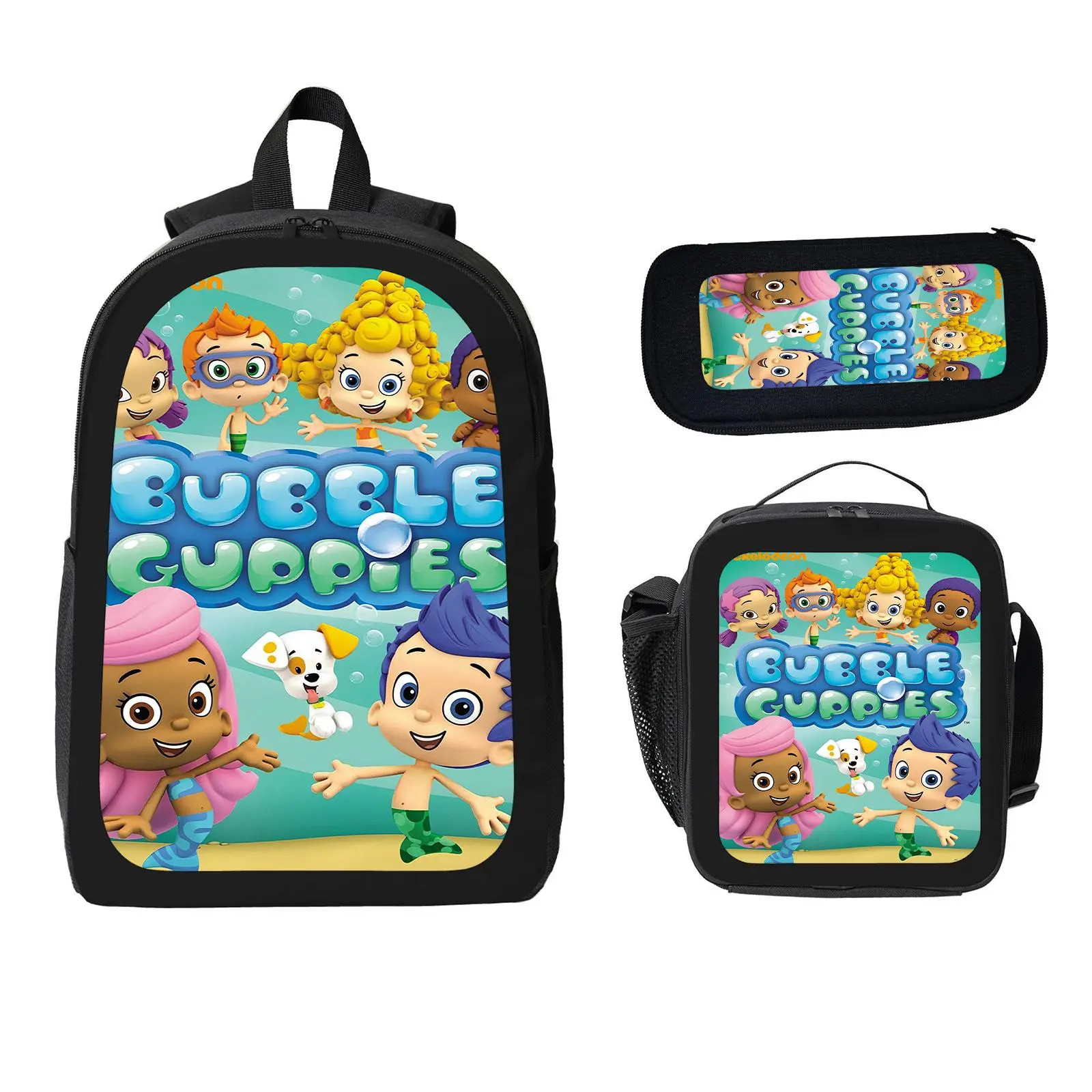 Bubble Guppies 3 Pcs School Backpack Set for Boys Girls Kids, Large Capacity Bookbag with Insulated Lunch Bag Pencil Case, Water Resistant Travel Daypack for Elementary Middle School a-3