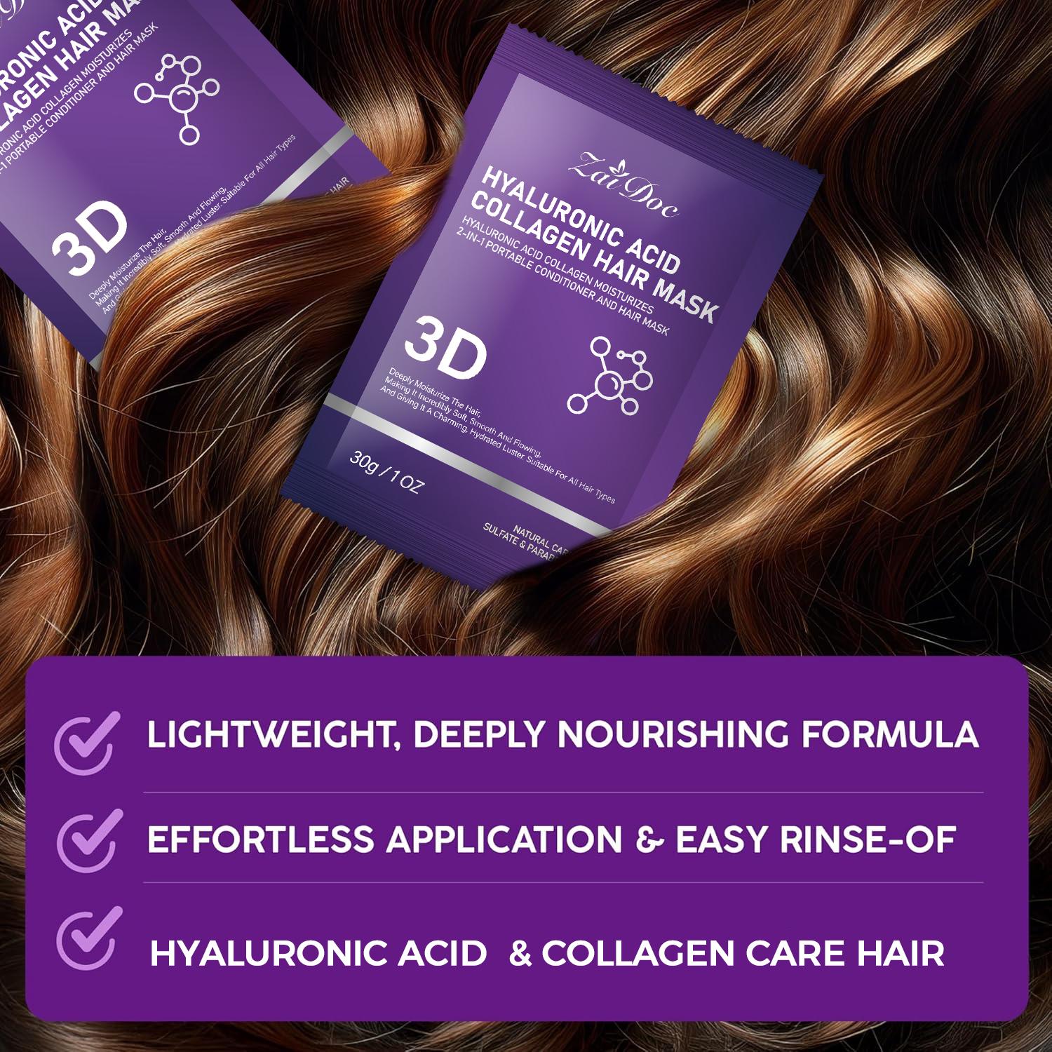 3D collagen hair mask 30g — Deeply repairs hair strands, replenishes moisture, restores hair's natural shine. Functions as a conditioner, lightweight and non-greasy, suitable for all hair types, leaving hair hydrated, glossy, smooth and easy to comb.