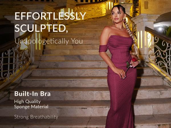 CurvySweet Women's Off The Shoulder Bodycon Corset Ruched Mesh Maxi Dress Built-in Bra Fall Cocktail Wedding Guest Dresses