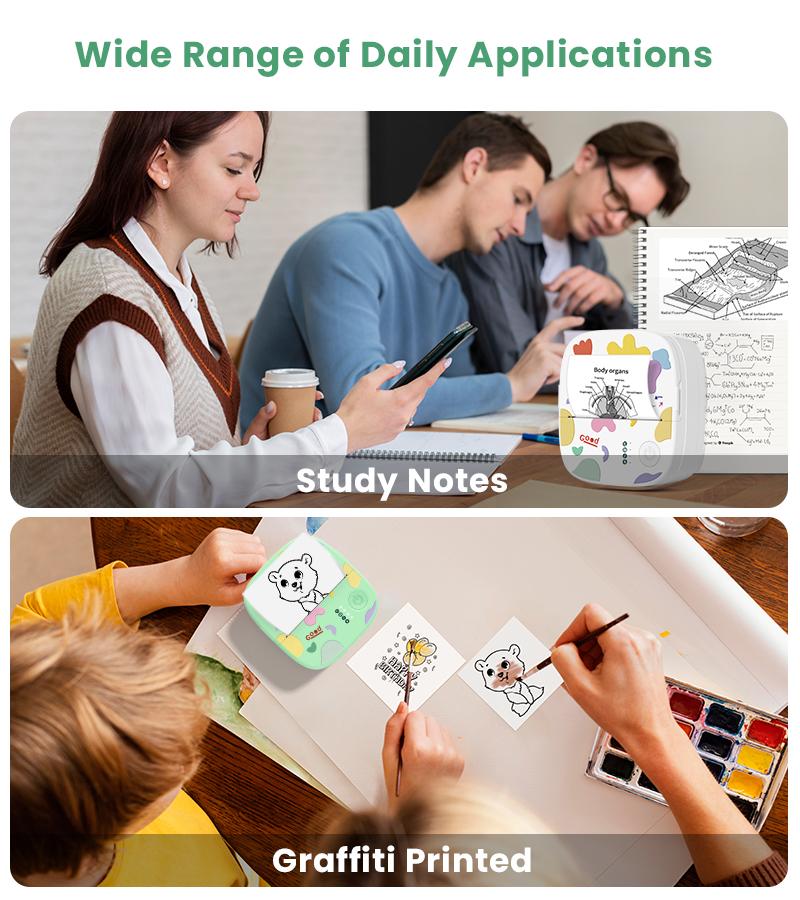 [Springglowup] XenGro Mini Printer Bluetooth included 3 Roll label Thermal Pocket Printer,Inkless Small printer B&W Printing Only for Photos, Study Notes, Lists,Memos, Journals Printing Machine Sticky Label, Birthday Gifts for Kids Green