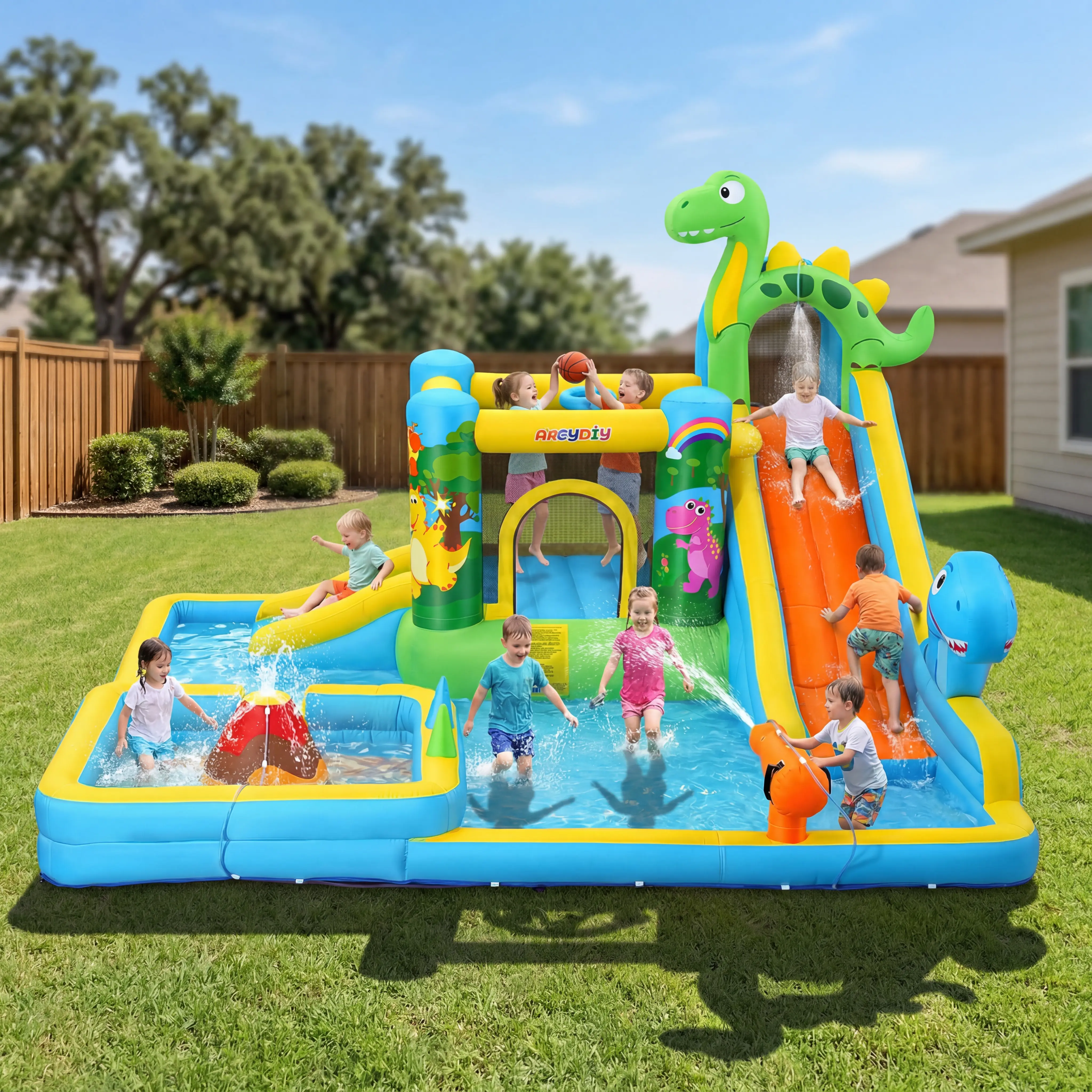 Whubefy Inflatable Water Slide,Dinosaur Themed Bounce House Water Park for Kids 3-12 with Dual Big Splash Pool&Long Slide,Ring Toss Game,Water Cannon,550W Blower Included,Bounce House for Big Kids,Easy Set Up Water Slides