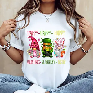 Cute Gnome Happy Valentines St Patricks Easter T-Shirt White Three Festive Gnomes Hearts Shamrocks Bunny Ears Print Holiday Tee