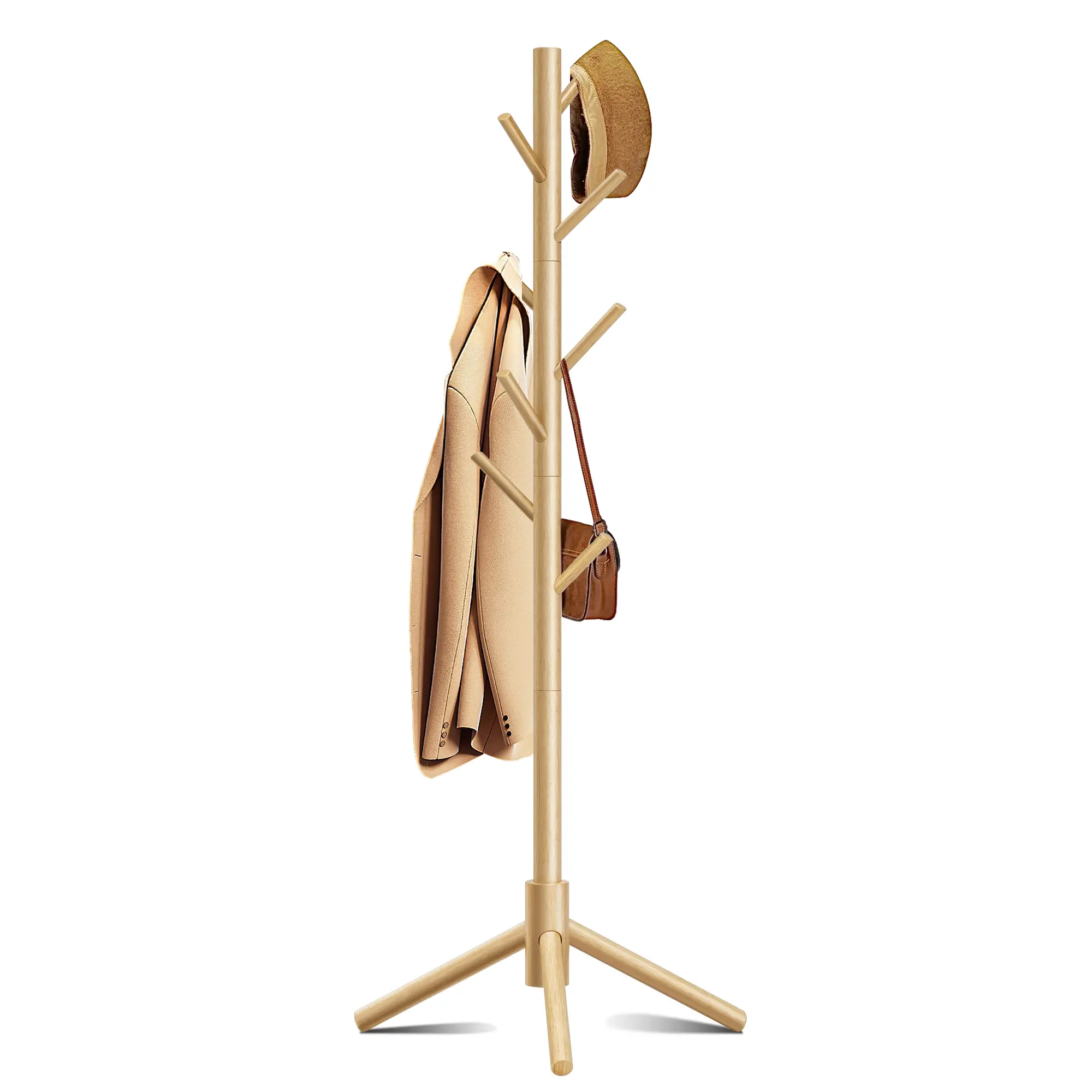 Freestanding Garment Tree Coat Rack with 8 Storage Hooks 3 Adjustable Height Levels Easy Assembly Clothing Hat Handbag Jacket Organizer Stand for Entryway Bedroom Hallway Office