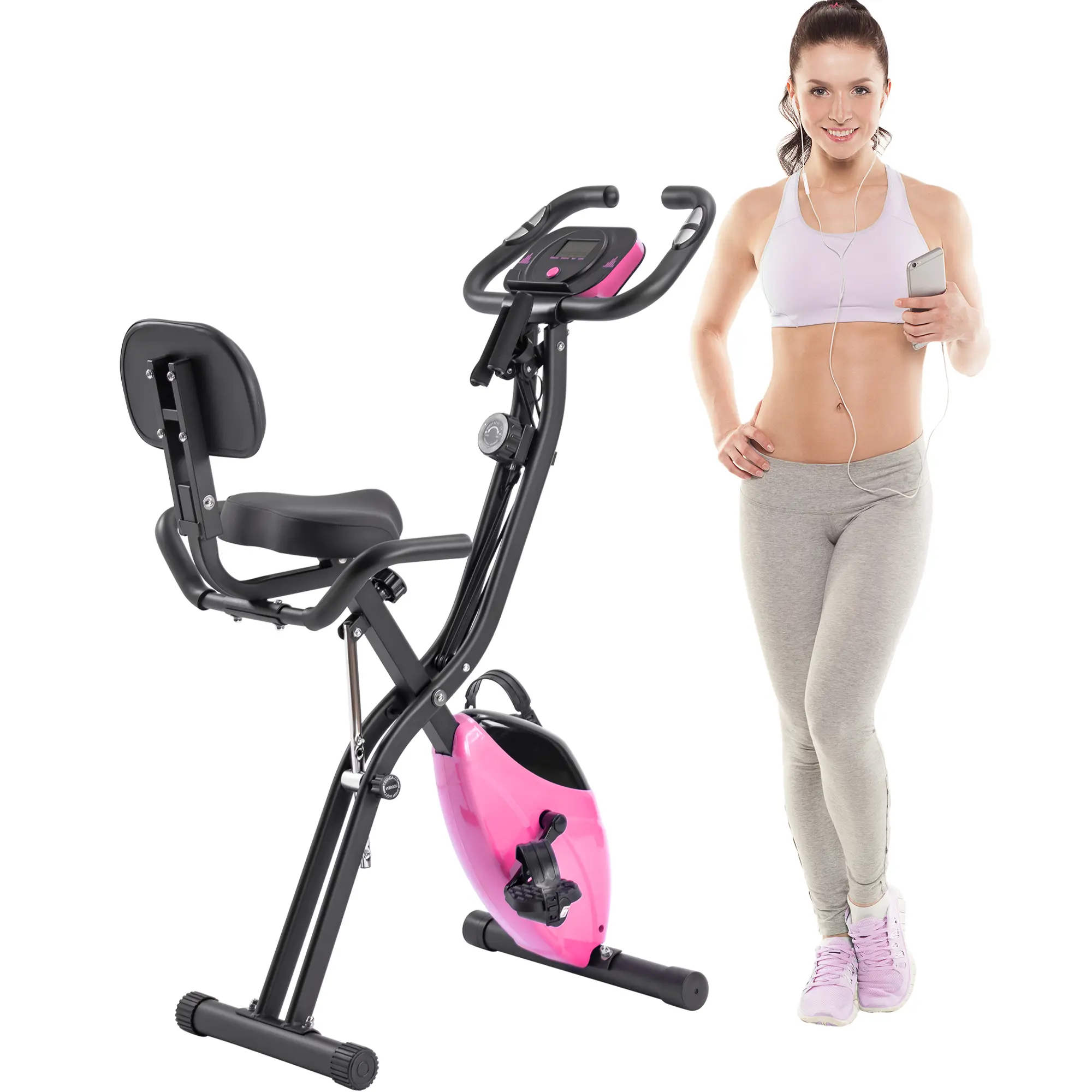 Folding 2-in-1 Exercise Bike, Upright & Recumbent Indoor Stationary Bike for Home Workout with 16 Resistance Levels, LCD Display, and Arm Bands, Lightweight Design with Backrest, 350 lbs Capacity
