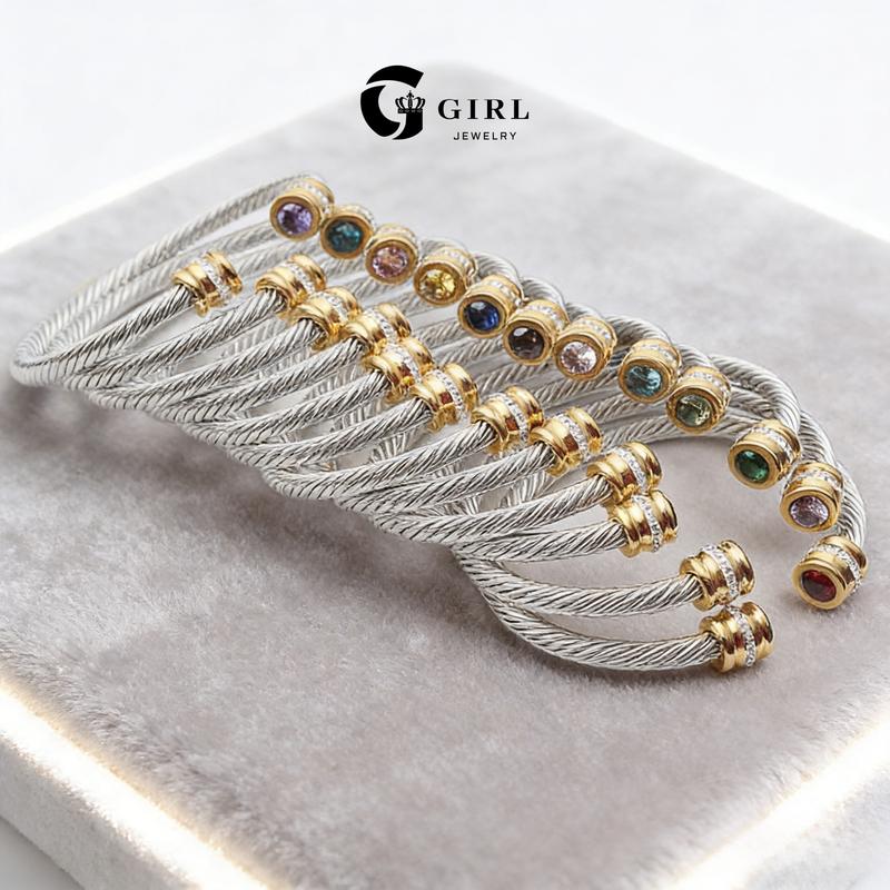 GGIRL Birthstone Stainless Steel Twisted Cable Cuff Bracelet For Men Womens, Multi-Color Cubic Zirconia 60mm Diameter  Fashion Jewelry Gift for Holiday Haul Christmas Birthdays Anniversaries