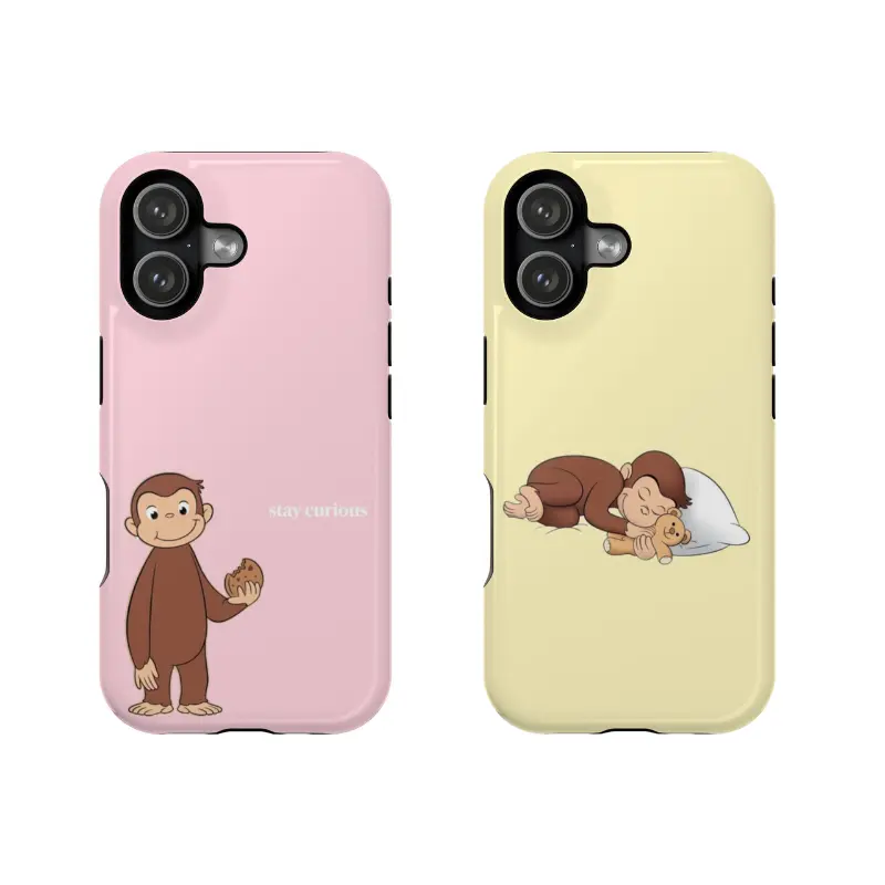Wireless Protective Rubber Phone Case, Curious Monkey Cartoon (Cute George-Style), "Stay Curious" Print, Durable Pink Polycarbonate Gloss Finish, Shockproof Waterproof for iPhone 12/13/14/15/16/17 SE Max Pro, Galaxy 21/22/23/24/25 Ultra
