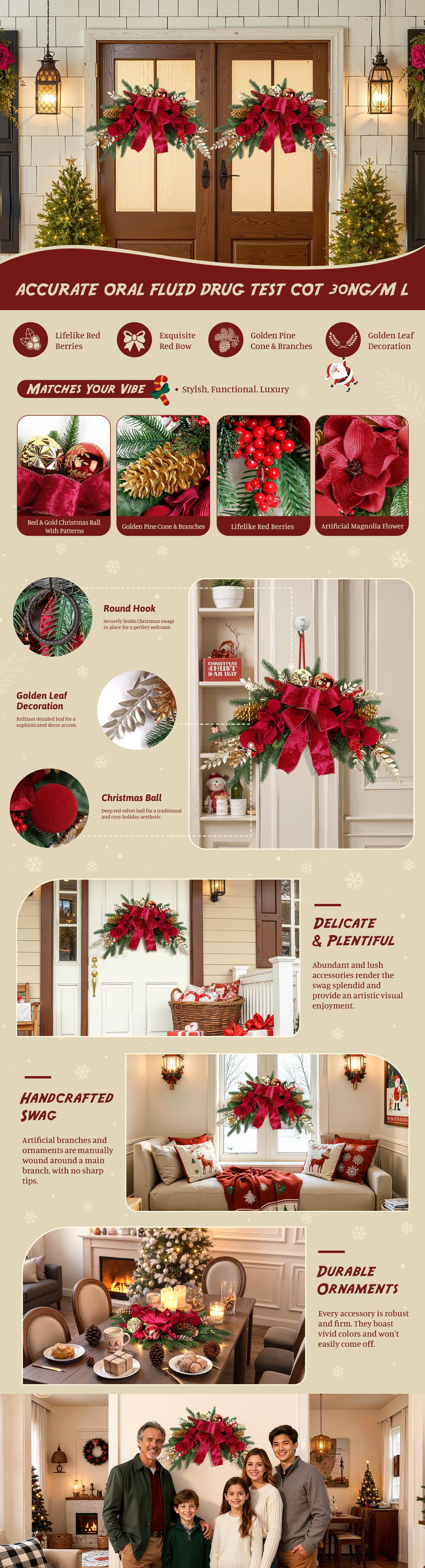 SHareconn 36 inch Christmas Centerpiece with 3 Candle Holders Trays Dining Table Decoration with Baubles Pine Cones Red Berries Spruce Branches Flower for Indoor Home Party Table Holiday Decor