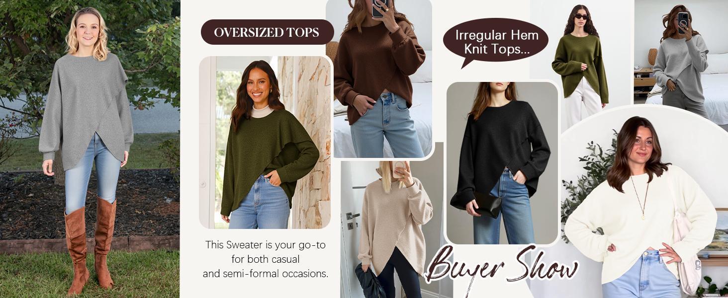 Imily Bela Womens Oversized Batwing Sweaters Long Sleeve Crew Neck Poncho Slouchy Knit Asymmetrical Pullover Tops