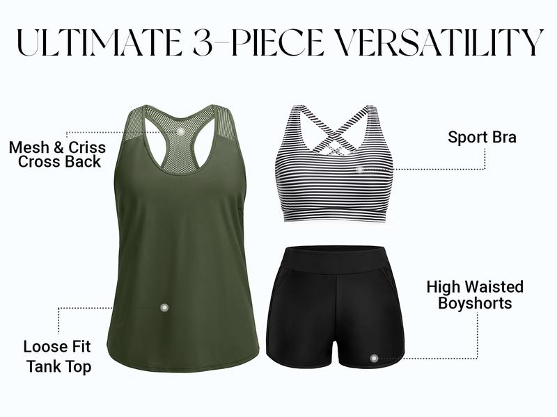 Tempt Me Women's Three Piece Tankini Swimsuit - Mesh Racerback Tank Top with Sports Bra & Pocketed Boyshorts Athletic Bathing Suits