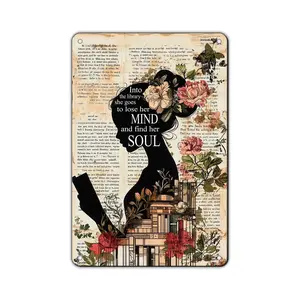 8x12 Inch Girl Reading Book Vintage Metal Tin Sign Into The Library She Goes To Lose Her Mind And Find Her Soul Library DecorHome