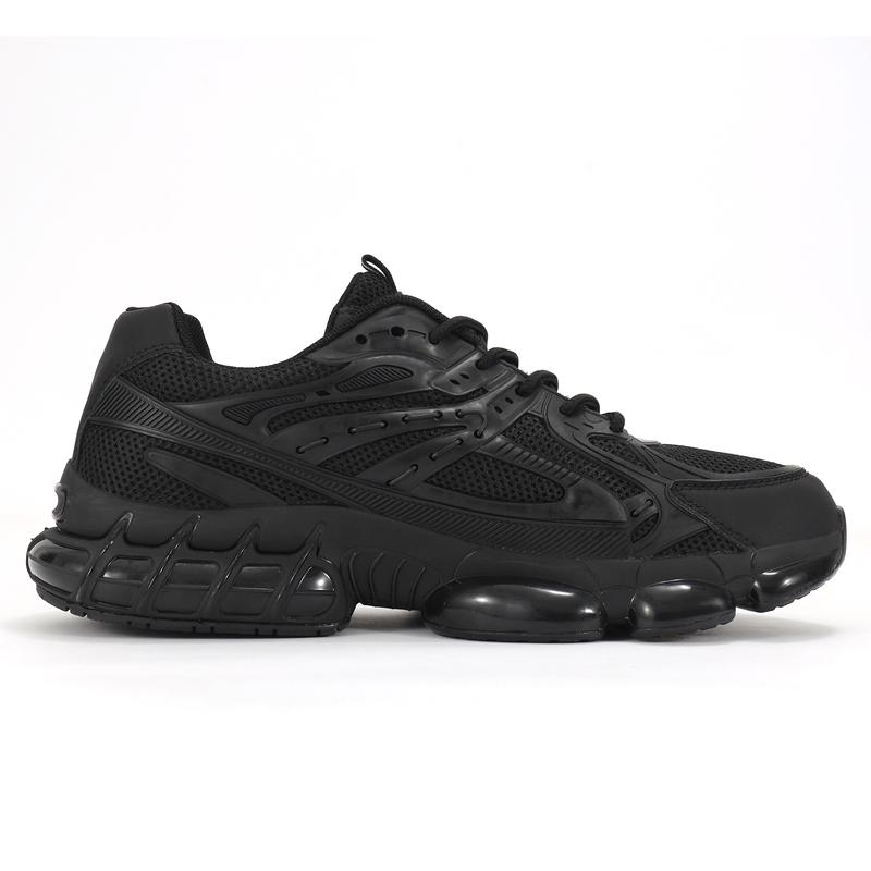All Black Chunky Sneakers - Retro Tech-Style Cushioned Athletic Shoes, Unisex Streetwear Essential with Breathable Mesh & Bold Design