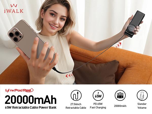 iWALK LinkPod Reel 20000mAh 65W Power Bank with Retractable USB-C Cable, Triple Device Charging, LED Display, White Portable Charger for iPhone, MacBook, Tablets - Smartphone iWALK LinkPod Reel 20000mAh 65W Power Bank with Retractable USB-C Cable, Triple Device Charging, LED Display, White Portable Charger for iPhone, MacBook, Tablets - Smartphone