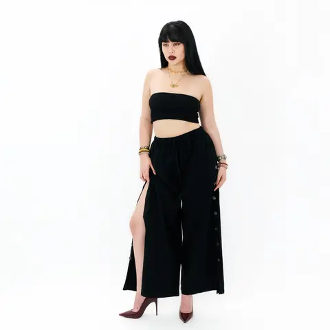 Women's 100% Cotton Wide Leg Bottoms - Karma Nepal Crafts Lightweight Boho Style Bohemian Casual Pants with Shell Buttons, Medium Stretch, Side Slits for Summer