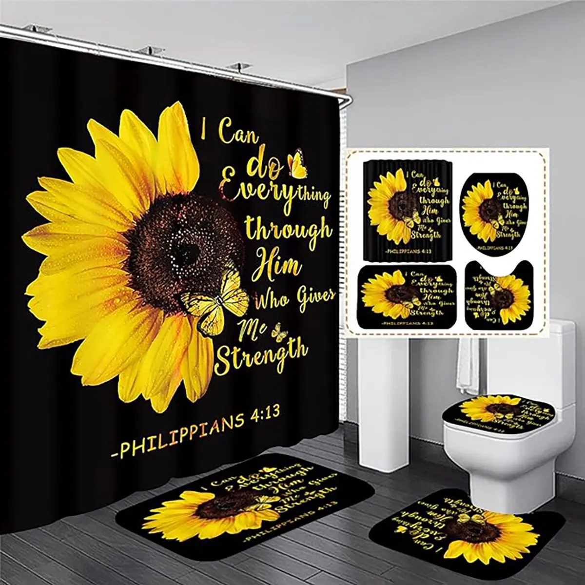 1/4pcs Sunflower Inspirational Quotes Themed Shower Curtain Set With Rugs, Bathroom Accessory, includes non-slip mat, U-shaped rug, toilet seat cover, perfect for bathroom decoration, comes with 12 shower curtain hooks, shower essentials
