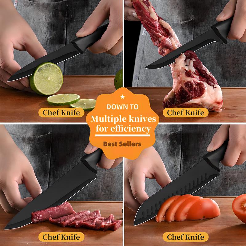 15-Piece Kitchen Knife Set – With Solid Wood & Plastic Knife Block, Including Chef's Knife, Japanese-Style Knife, Meat/Vegetable Knife, Chicken Bone Knife and German-Style Steak Knife. it's practical for home use and also ideal as a gift. Wooden Stylish