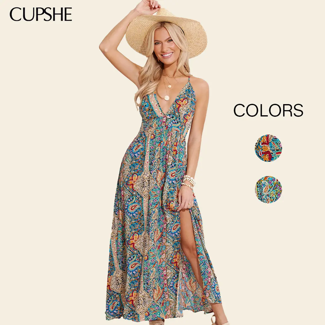 CUPSHE Bohemian Paisley Woven Plunging Neck Sleeveless Maxi Dress, Women's Casual Wear, Lady's Boho Outfits, Women's Clothes ,Maxi Dress For Women,summeroutfits,Vacationoutfits,Beachoutfits #summerfinds tiktokshopbacktoschool