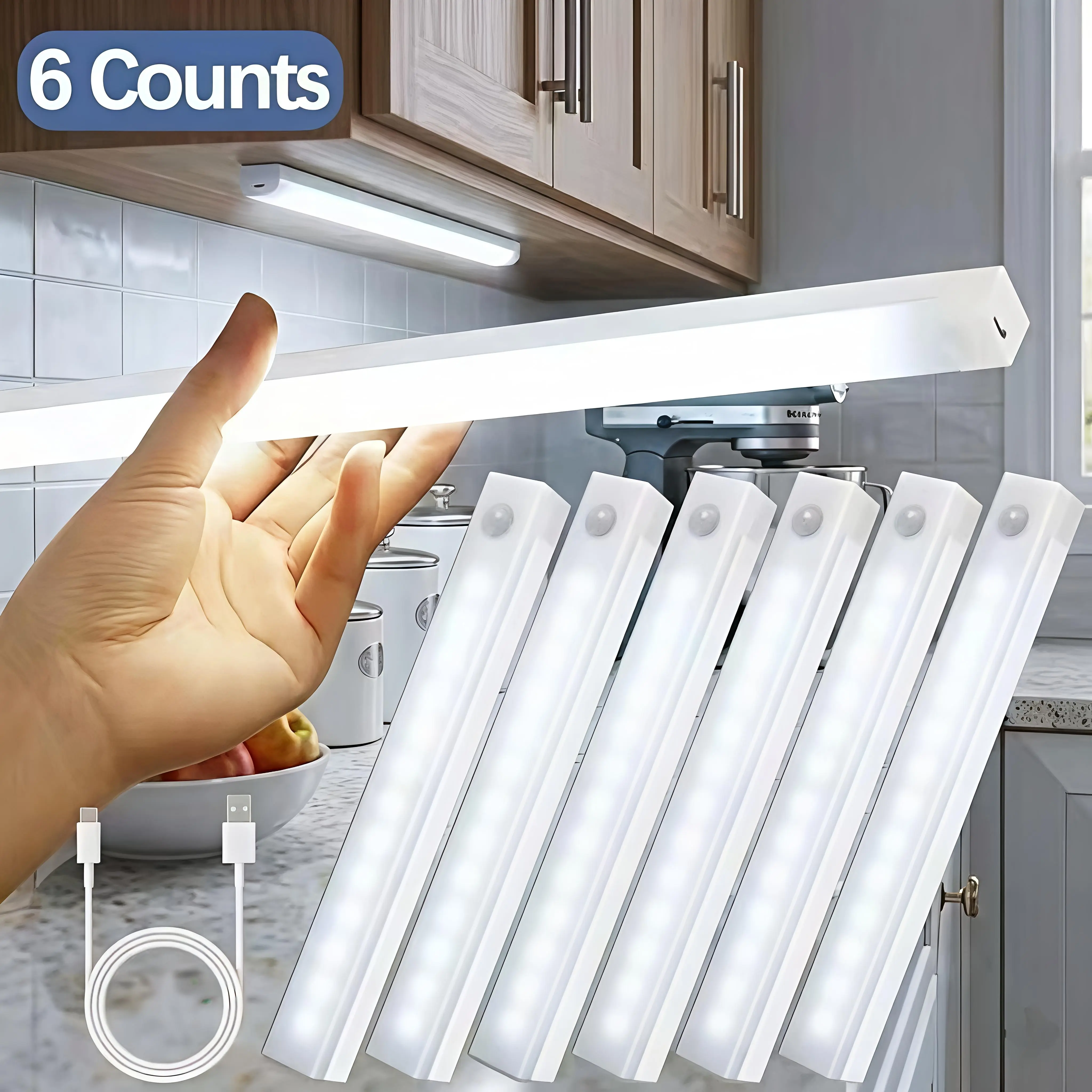 6-Piece Compact Magnetic Under-Cabinet LED Lights Set - Rechargeable Motion-Activated Sensor, Magnetic Mount, No Drilling, Hands-Free Control, for Kitchens, Book Lights, Father's Day Gift