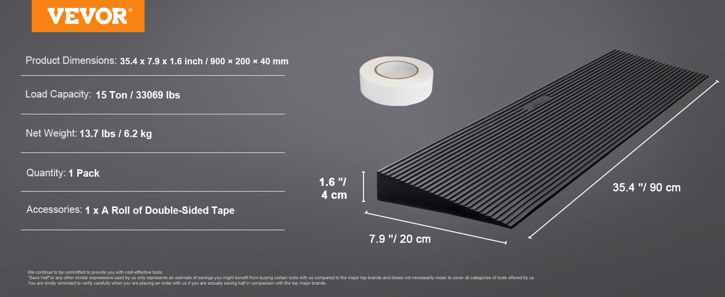 VEVOR 1.2" Rise Cuttable Threshold Ramp for Sweeping Robot, TikTokShopBlackFriday, 35.4" Wide Natural Rubber Wheelchair Ramp, Non-Slip Solid Rubber Ramp with Double-Sided Tape for Doorways, Driveways, Bathroom, Smooth Tile