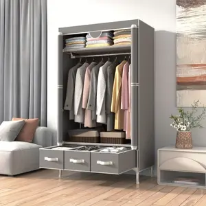 Portable Wardrobe Closet with Rolling Curtain Door Hanging Rod and 3 Drawer Boxes Non Woven Fabric Storage Organizer Tool Free Assembly 35.4 x 17.7 x 67.0 Inches Gray