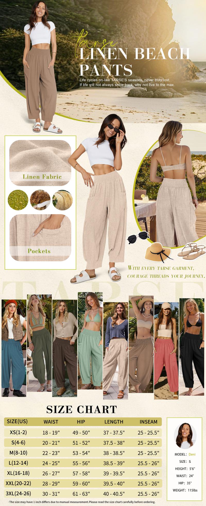 TARSE Women Linen blend Boho Wide Leg Pants Casual Loose High Waist Cargo Harem Work Pants Baggy Travel Barrel Vacation Trousers with Pockets