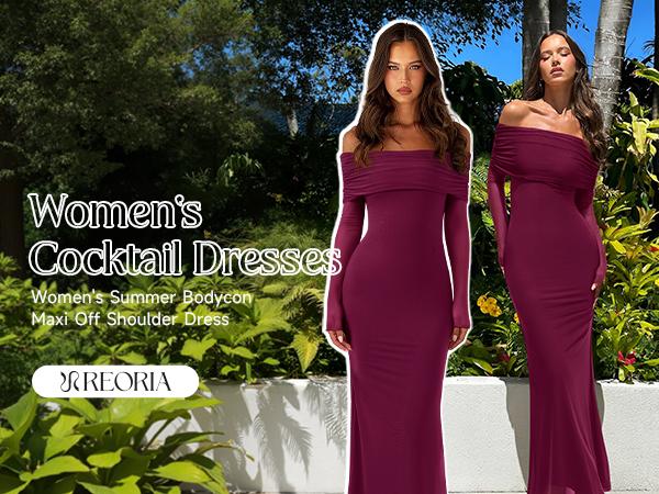 REORIA Women's Off Shoulder Long Sleeve Dress Elegant Sexy Stretch Mesh Double Lined Slim Trendy Long Dresses for Women