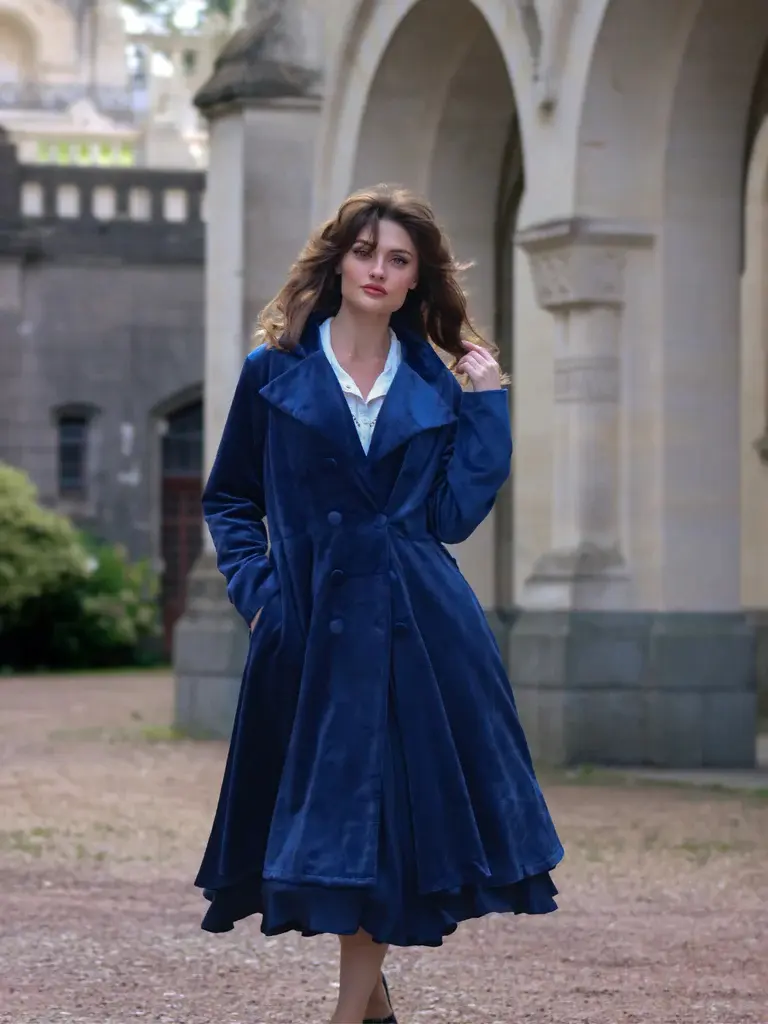 RETRO STAGE Women's Navy Blue 1950s Vintage Corduroy Long Coat, Fitted Classic Belted Knee-Length Winter Outerwear with Long Sleeves, Long Sleeve Sohochic Fall Dresses Fall outfits Fall fashion