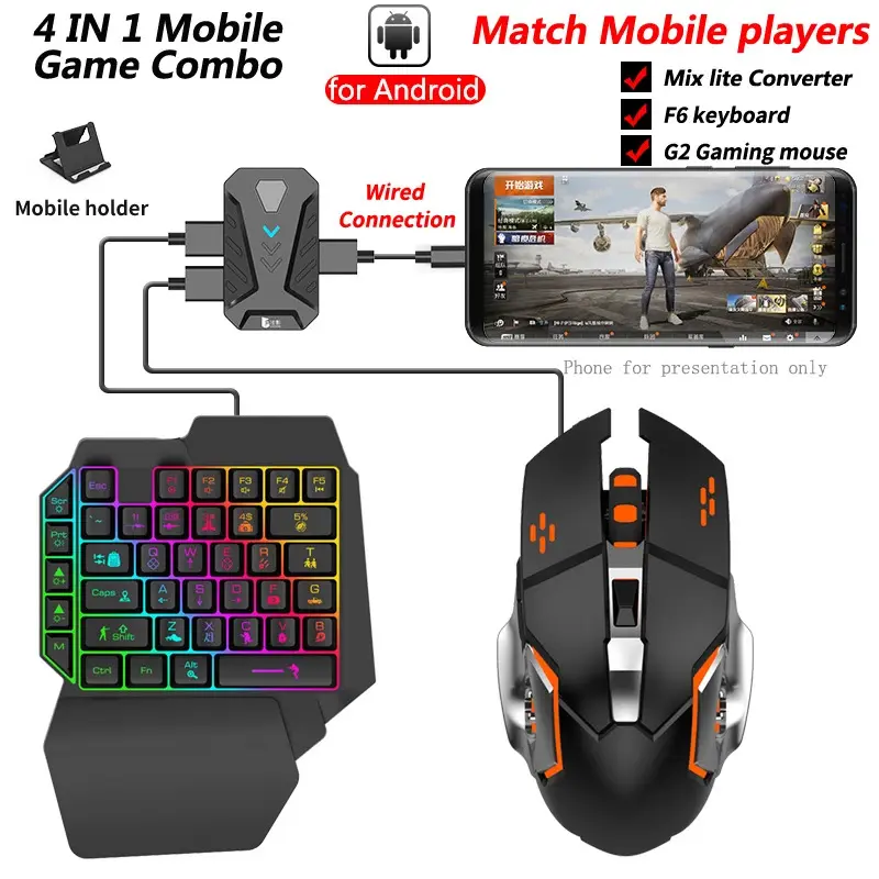MOBIBLOOM 4-in-1 Mobile Game Keyboard for Android  - Wired Connection, Converter, F6 Keyboard, G2 Gaming Mouse, Ideal for Mobile Gaming，One-Handed Keyboard  Control