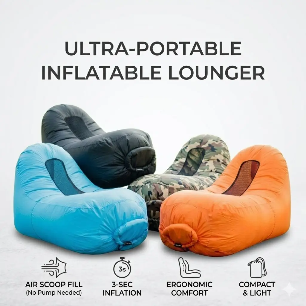 Ultra-Portable Inflatable Air Sofa Lounger - Wind-Inflating Sleeping Mat, 3s Fast Inflation (No Pump Needed), Waterproof Blow Up Chair with U-Shaped Ergonomic Backrest for Outdoor Camping, Backyard, Wind-Inflating Sleeping Mats