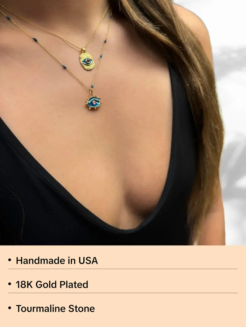 Blue Enamel & Tourmaline Stone Evil Eye Gold Pendant Good Karma Necklace