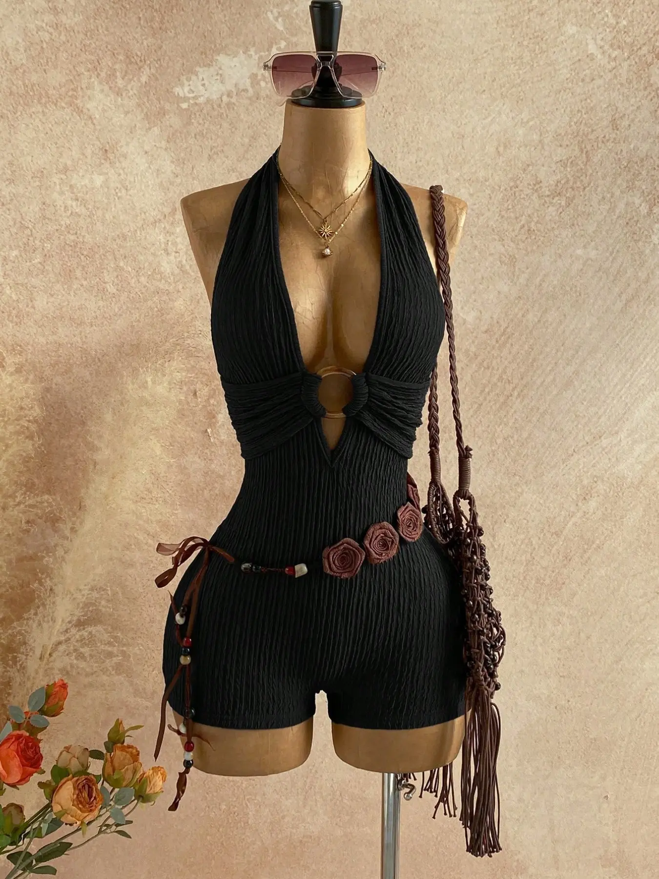 Women's Backless Halter-Neck Sleeveless One-Piece Short Chic Romper with Belt, Stylish Comfortable All-Season Daily Wear