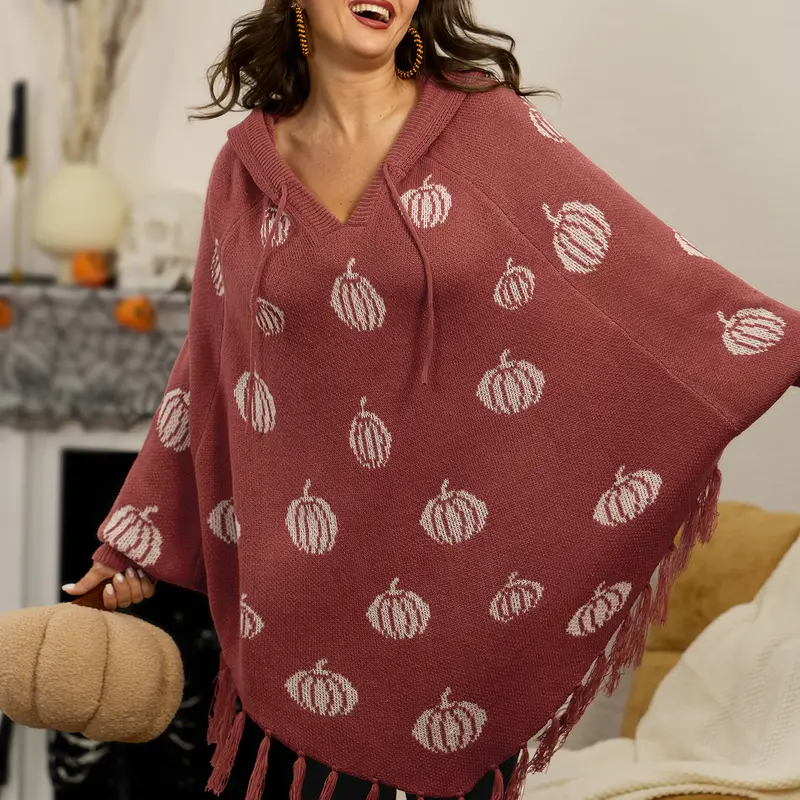 BloomChic Women's Plus Size Halloween Pumpkin Hooded Poncho [M-6X], Jacquard Fabric Garment with Tassel Hem, Oversized Cozy Lady's Fall Pullover Top for Spooky Season，SohoChic