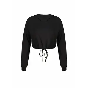 LovelyWholesale Womens Cropped Hoodie Long Sleeve Workout Top Black XL