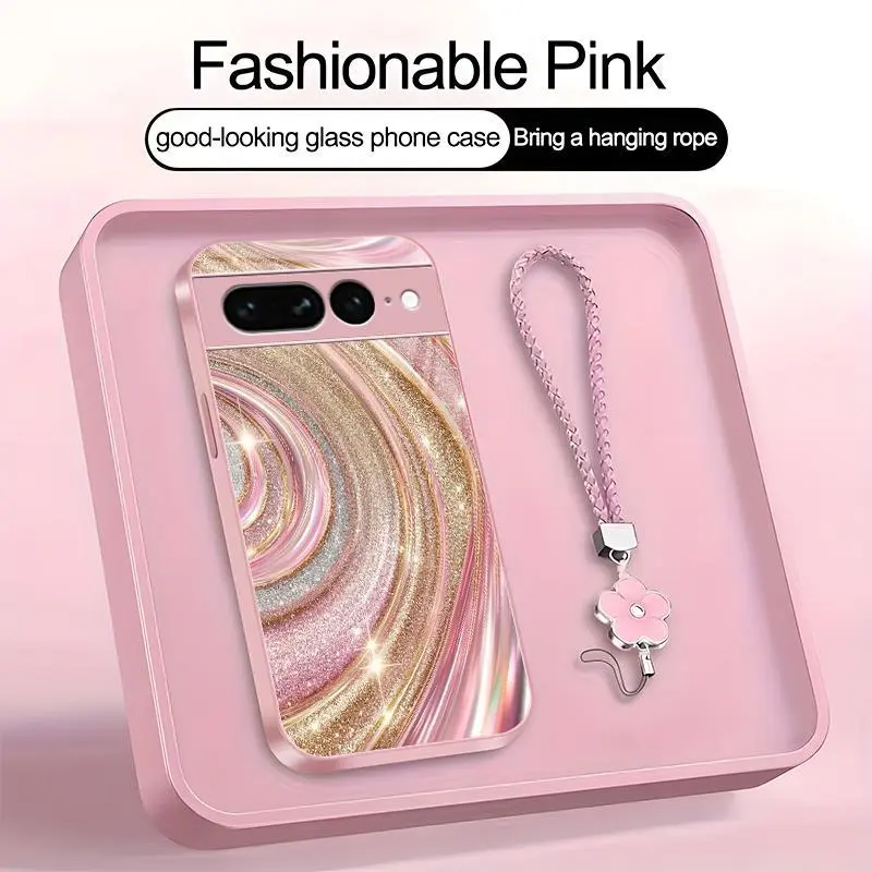 Luxury Rose Gold Swirl Phone Case with Flower Lanyard, Glitter Pink Art Aesthetic Cover for Google Pixel 7 Pro ---975